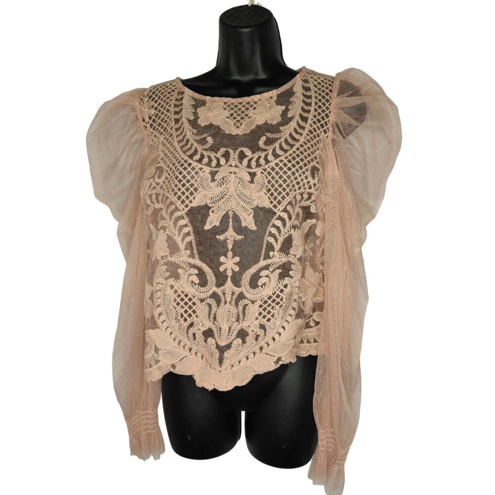 Peach Women's Lace Mesh Long Sleeve Top XL Polyester/Nylon